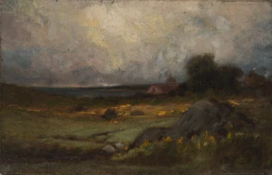 Paesaggio senza titolo con roccia in primo piano e tetto con campanile, lago sullo sfondo