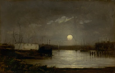 Luna piena senza titolo su un porto, scena del molo con luna piena e alberi di barche, ca. 1868