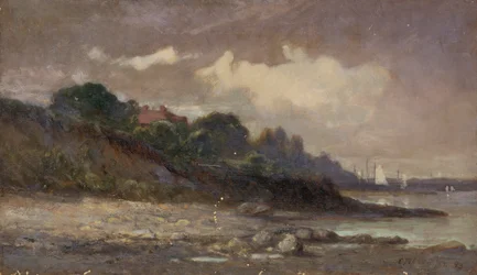 Litorale senza titolo con barche a vela e tetto, 1893