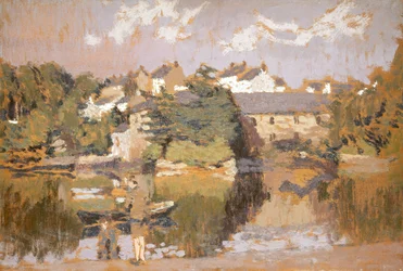 Edifici lungo il fiume (olio su tavola dura)