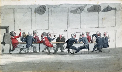 La mensa degli ufficiali, un cartone che mostra ufficiali della Marina riuniti a bere vino. Disegno di Edward Pelham Brenton (1774-1839), colorato ad acquerello