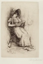 Senza titolo (Giovane ragazza con cappello, su sedia, che legge)