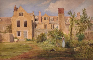 A Nottingham (retro di edifici in pietra con donna, cane e rullo da giardino)