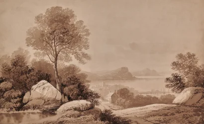 Paesaggio con lago e cottage