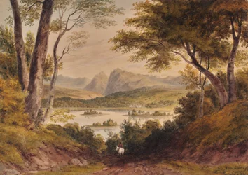 Paesaggio con lago e catena montuosa