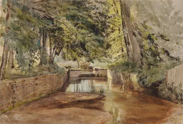 Scena fluviale con letto del fiume semi-asciutto