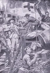 Falsi ambulanzieri che distruggono i magazzini a Komati Foort sotto la copertura della bandiera della Croce Rossa, illustrazione da After Pretoria: The Guerilla War, 1902