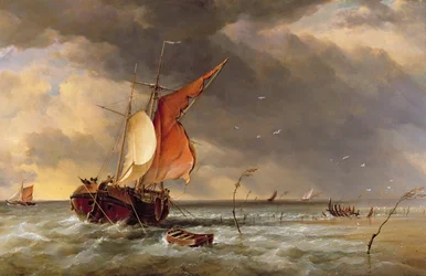 Un galiotto olandese incagliato su un banco di sabbia nel Biesbosch, Olanda, 1878