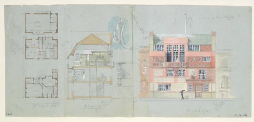 Elevazione frontale e sezione per casa e studio per Frank Miles, Tite Street, Chelsea, 1878-79