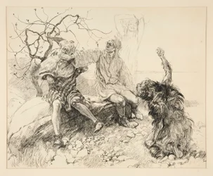Calibano, Stefano e Trinculo (Ariel invisibile), illustrazione per Atto II, Scena ii, La Tempesta