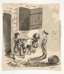 Bambini con asino (recto); Illustrazione non identificata di un suonatore di organetto (verso)