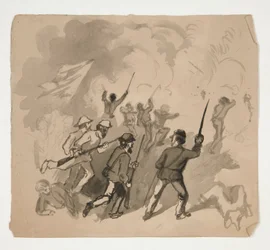 Scena di battaglia della Guerra Civile (recto); Illustrazione non identificata di un uomo in una foresta (verso)