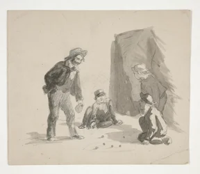 Quattro ragazzi che giocano a biglie (recto); Illustrazione non identificata di ragazzo al cavalletto in interni (verso)
