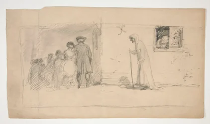 Gruppo di figure fuori da una casa di pietra - illustrazione non identificata