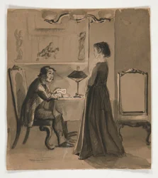 Uomo e donna in un interno - illustrazione non identificata