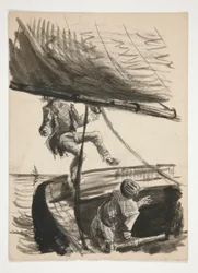 Uomo sbalzato fuori bordo dal boma della barca a vela (recto); Illustrazione non identificata di un ragazzo che lucida un uomo