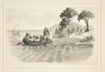 Uomini in barca a remi che fuggono dagli indiani sulla riva - illustrazione non identificata (Colombo che scopre il Nuovo Mondo?) - esploratori che sbarcano nel Nuovo Mondo