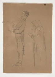 Studi di profilo di uomo e donna anziana (recto); Tre schizzi di teste e schizzo non identificato (verso)