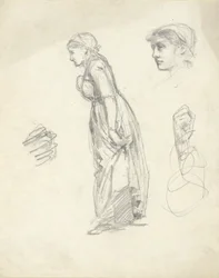 Foglio di studi: donna, testa e mani