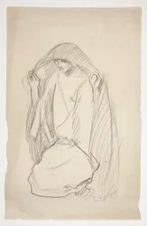 Schizzo di una figura femminile incappucciata in preghiera per Tre Marie alla Croce