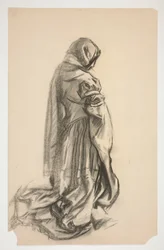 Schizzo di una figura femminile inginocchiata in abito rosa per Galahad il Liberatore, uno dei murali del Santo Graal alla Biblioteca Pubblica di Boston