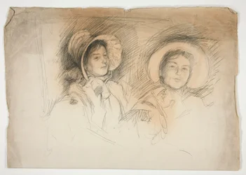 Schizzo di due giovani donne con cappelli (soggetti non identificati)