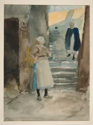 Scena di strada con due pescivendole