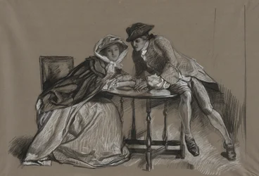 Studio. Signora e gentiluomo in conversazione attraverso un tavolo