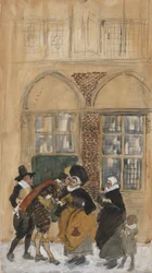Studio di scena con figura in costume olandese del XVII secolo, possibilmente Nuova Amsterdam