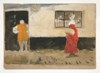 Studio di scena di strada, uomo alla porta, donna in abito rosso