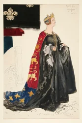 La regina (in nero), schizzo di costume per Henry Irving