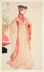La Regina (in rosa), bozzetto di costume per Henry Irving