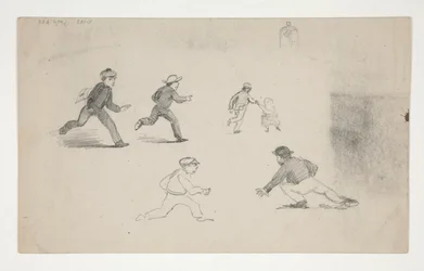 Tre studi (uomini con cavalli, studio di una testa) (recto); Sei studi di figure in corsa, studio di un campanile (verso)