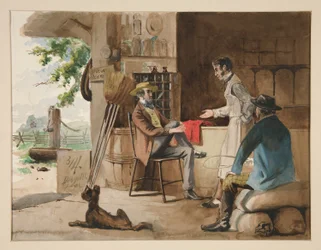 Tre uomini in un negozio di tessuti - negozio di campagna, Dolbyville
