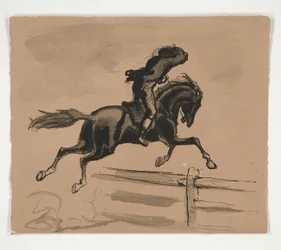 Illustrazione non identificata di un cavaliere che salta una recinzione (recto); Studio di figura di un vecchio (verso)