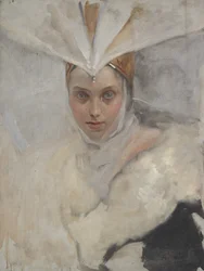 Donna con copricapo di falco pescatore e colletto di pelliccia bianca, 1897