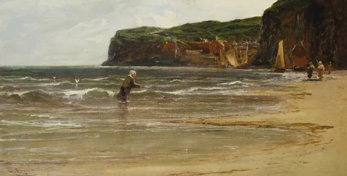 Vista costiera con donna che pesca gamberetti, c.1900