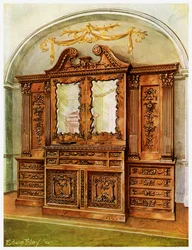 Libreria chiusa intagliata in mogano, stile Chippendale, influenza francese, 1911-1912