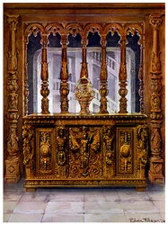Cassapanca scolpita di Enrico II o bahut e schermo di quercia dello stesso periodo francese, 1910