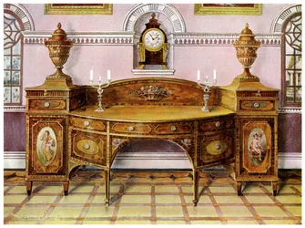 Credenza in legno satinato dipinto e intarsiato e orologio a mensola in mogano