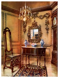 Pannellatura, cornice dello specchio, tavolo e sedia in noce, orologio a pendolo in noce di Charles Wesley, 1910