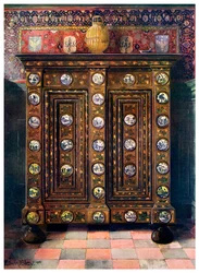 Kas di noce intarsiato e con medaglioni dipinti di ceramica di Delft, 1910