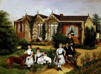 Alma Cottage 1874. Ritratto di famiglia in un giardino davanti a una casa di campagna. Dipinto di Edwin Frederick Holt (XIX secolo, circa 1910, Regno Unito) Collezione privata