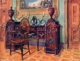 Credenza intagliata in mogano. Sedia del Maestro con schienale ovale a ruota