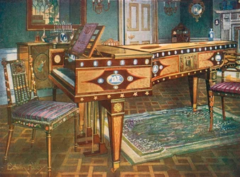 Mobili decorativi della fine del XVIII secolo. Pianoforte intarsiato in legno di satin e mogano, con placche di Wedgwood, montature in bronzo dorato, pannello e stelle, presentato da Manuel Godoy alla regina di Spagna nel 1796
