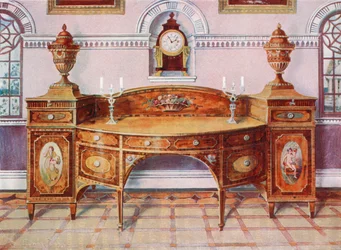 Credenza in satinwood dipinta e intarsiata. Orologio a staffa in mogano