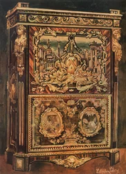 Secretaire verticale intarsiato in vari legni, con montature in bronzo fuso, cesellato e dorato