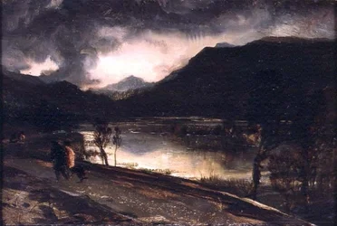 Scena di un lago al tramonto