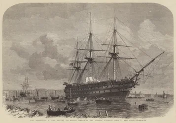 HMS Agamemnon, 91 cannoni, carica la porzione inglese del cavo sottomarino atlantico a East Greenwich