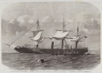 La nave da trasporto di Sua Maestà Transit, in riparazione e ricezione di rifornimenti per la Cina nel porto di Portsmouth